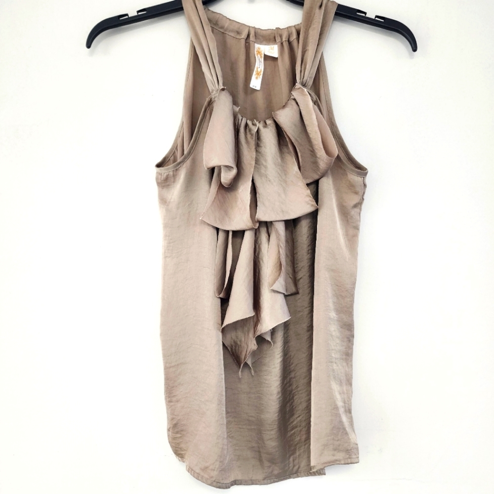 Adiva taupe‎ satin ruffle neck tank